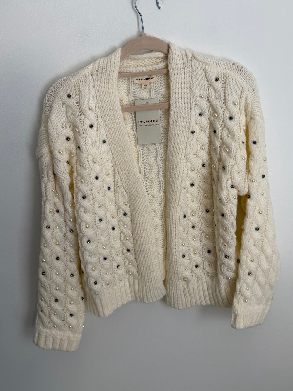 ee:some Pearl Embellished Cable Knit Cardigan NWT size S/M